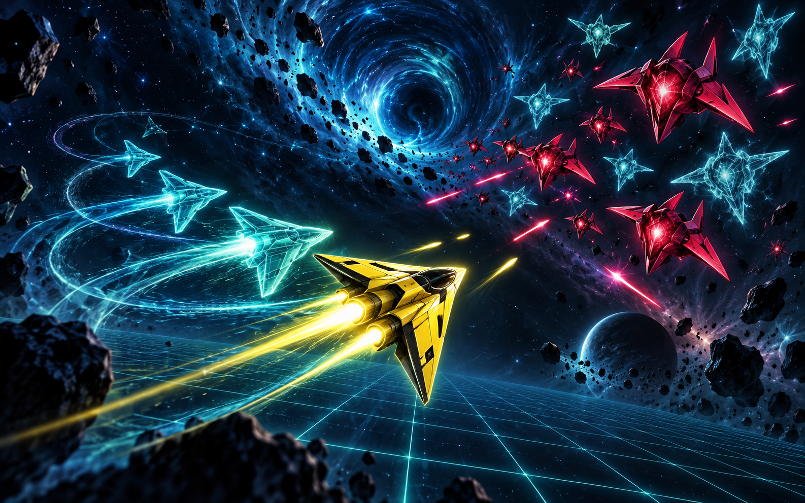 A yellow starfighter and its cyan time echoes battling a spectral swarm